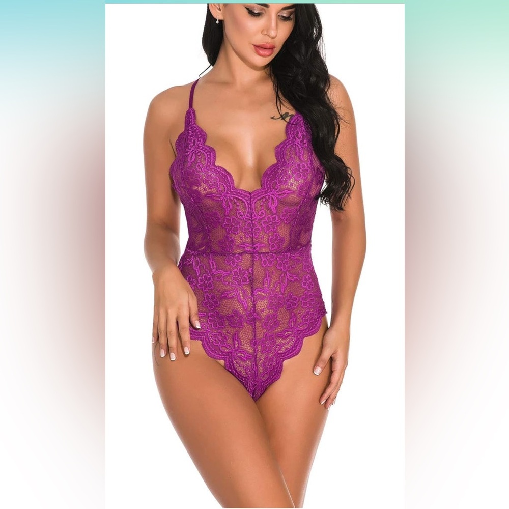 Buitifo Womens Lace Bodysuit One Piece Mini Teddy V Neck Lingerie Medium Purple